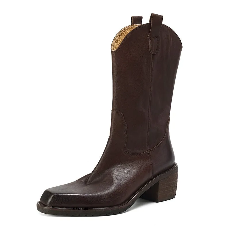 Classic Women's Black Square Toe Mid Calf Western Cowboy Boots for Autumn