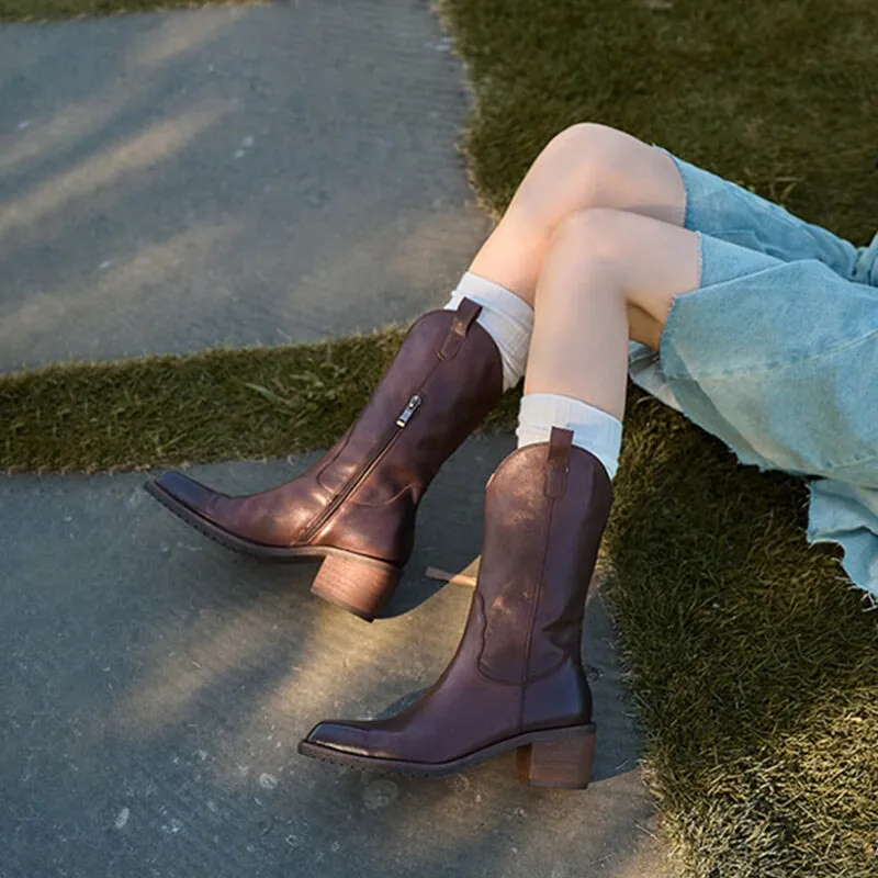 Classic Women's Black Square Toe Mid Calf Western Cowboy Boots for Autumn