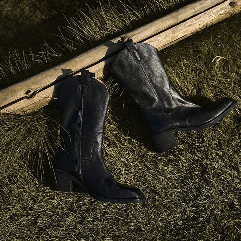 Classic Women's Black Square Toe Mid Calf Western Cowboy Boots for Autumn
