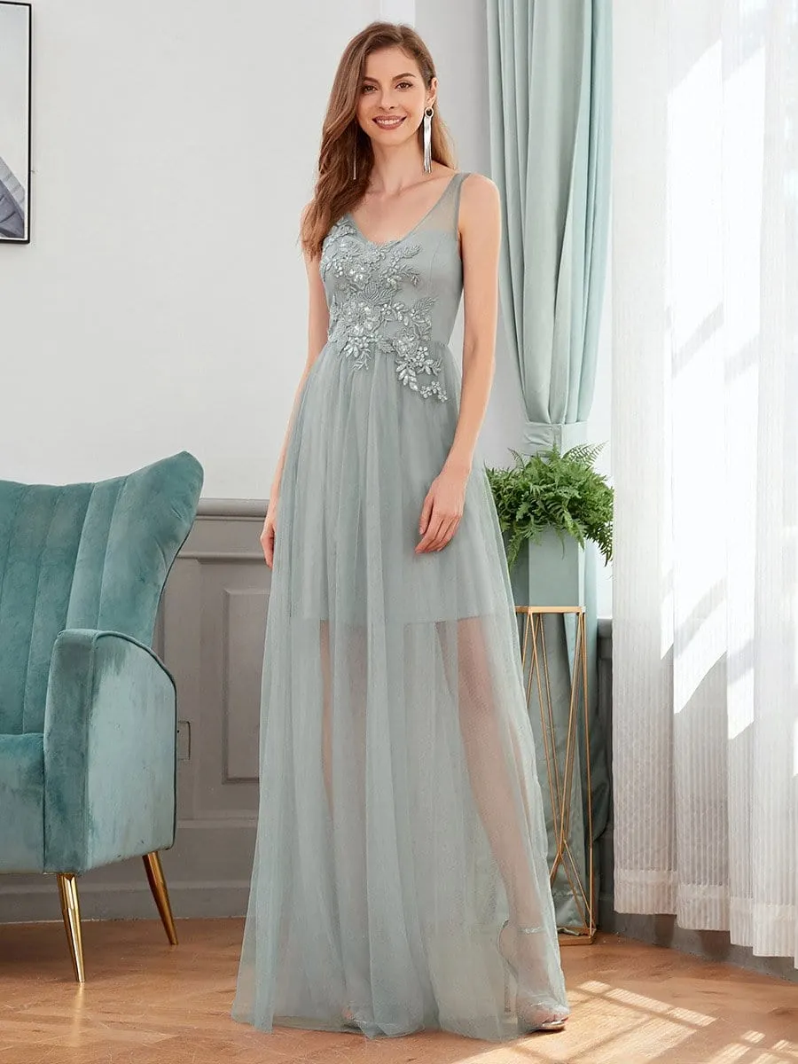 Classy V-neck Tulle See-through Evening Dresses