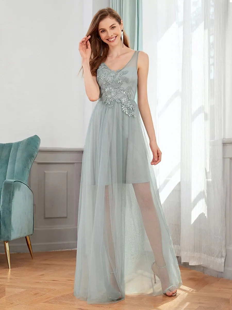 Classy V-neck Tulle See-through Evening Dresses