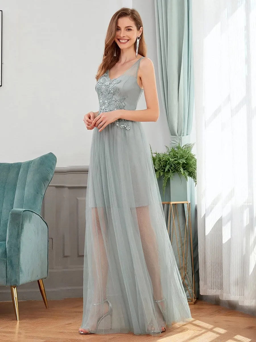 Classy V-neck Tulle See-through Evening Dresses