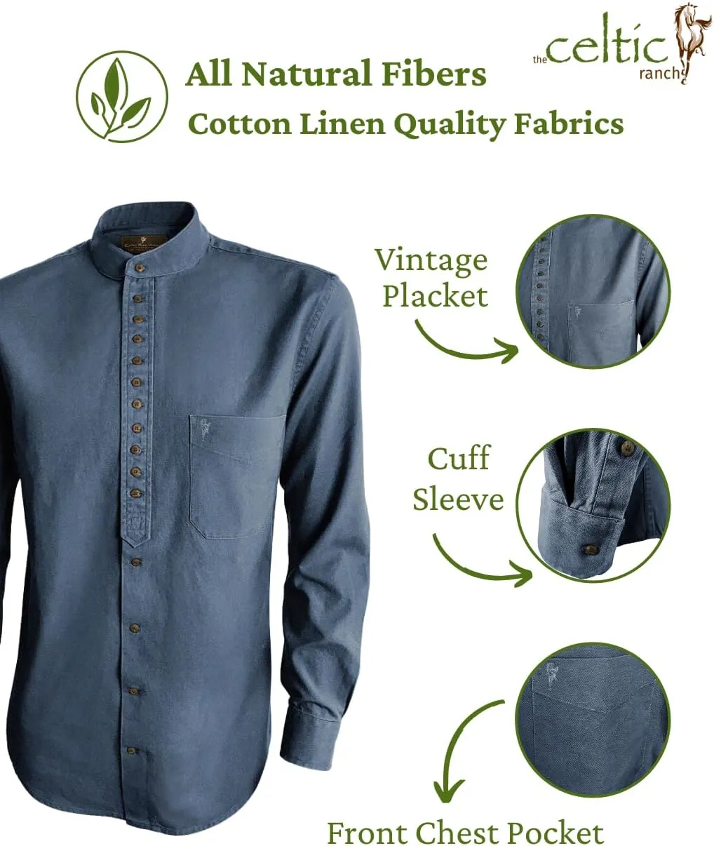 Collarless Shirt for Men, Irish Grandfather Cotton Linen Long Sleeve Button Down Banded Collar Dress Shirt
