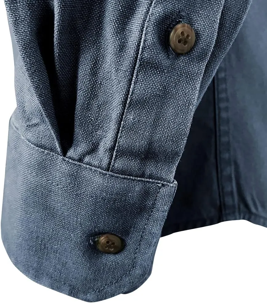 Collarless Shirt for Men, Irish Grandfather Cotton Linen Long Sleeve Button Down Banded Collar Dress Shirt