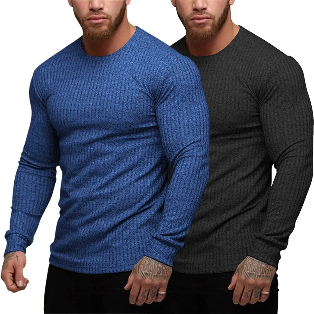COOFANDY Men's 2 Pack Muscle T-Shirt Stretch Long Sleeve Gym Workout Bodybuilding Training Tee Shirts Casual Hipster Tops