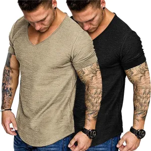 COOFANDY Mens 2 Pack Muscle V Neck T Shirt Fitted Gym Workout Short Sleeve Bodybuilding Tee