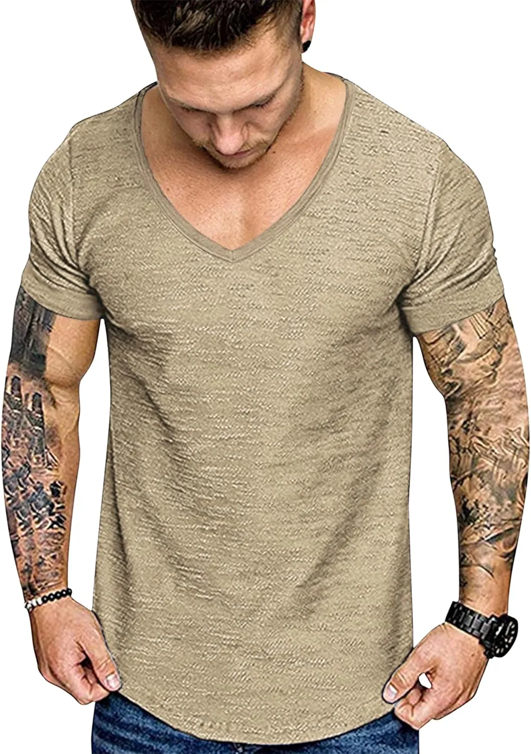 COOFANDY Mens 2 Pack Muscle V Neck T Shirt Fitted Gym Workout Short Sleeve Bodybuilding Tee