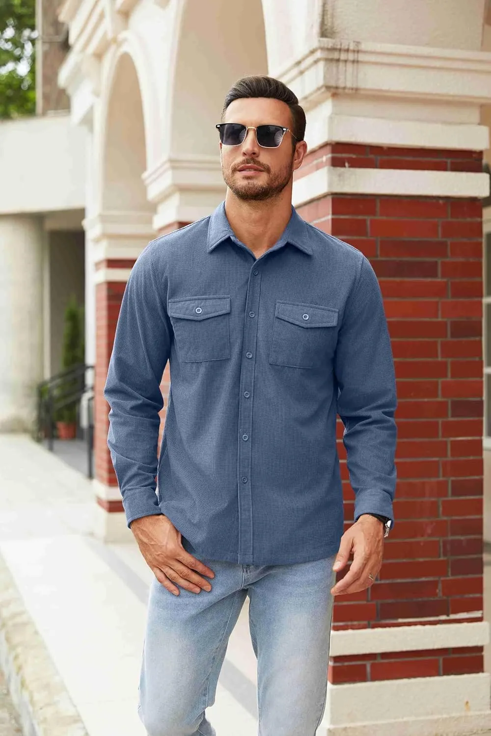 COOFANDY Men's Button Down Waffle Shirt Jacket Casual Long Sleeve Shacket Lightweight Overshirts with Flap Pockets