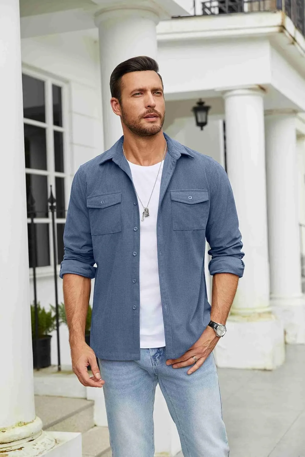COOFANDY Men's Button Down Waffle Shirt Jacket Casual Long Sleeve Shacket Lightweight Overshirts with Flap Pockets
