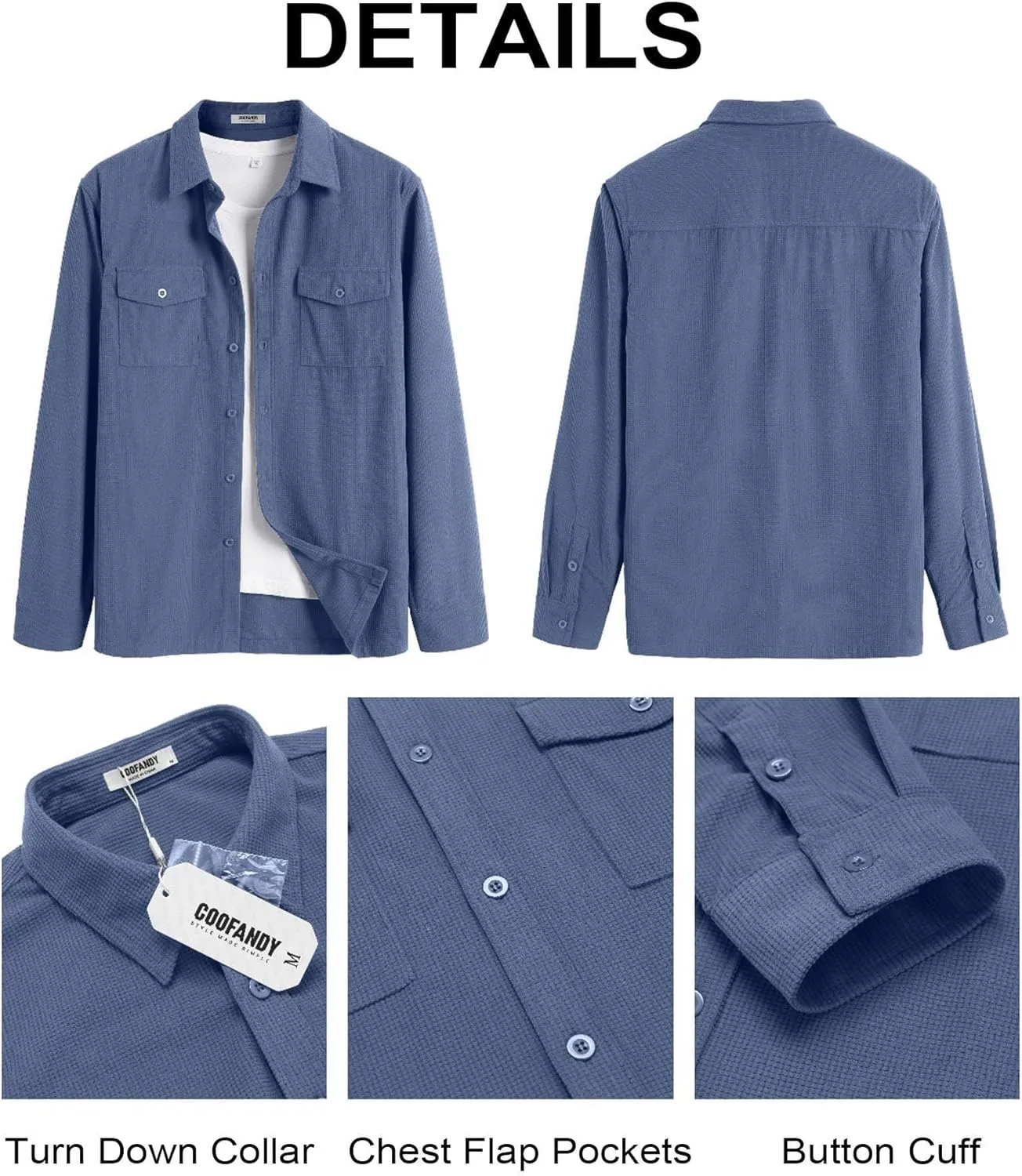 COOFANDY Men's Button Down Waffle Shirt Jacket Casual Long Sleeve Shacket Lightweight Overshirts with Flap Pockets