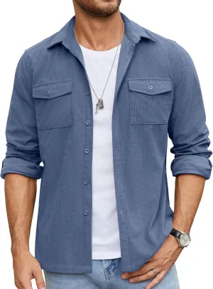 COOFANDY Men's Button Down Waffle Shirt Jacket Casual Long Sleeve Shacket Lightweight Overshirts with Flap Pockets