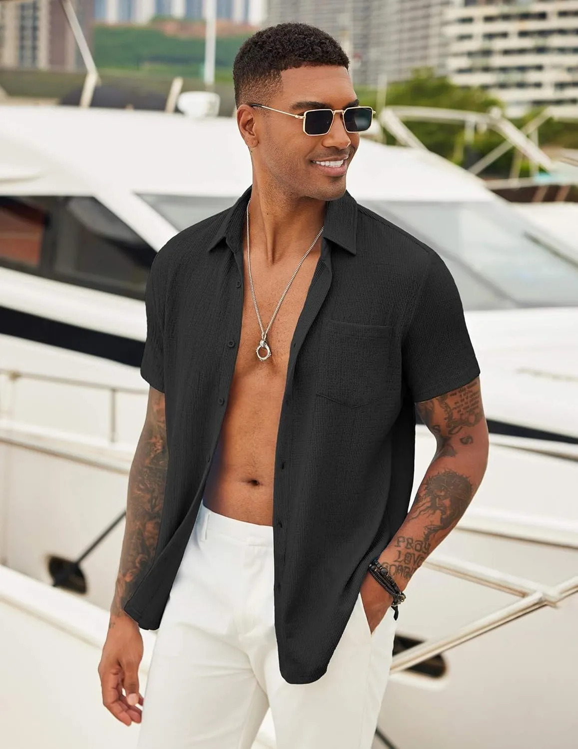 COOFANDY Mens Casual Button Down Shirt Short Sleeve Textured Shirt Summer Beach Vacation Shirts with Pocket