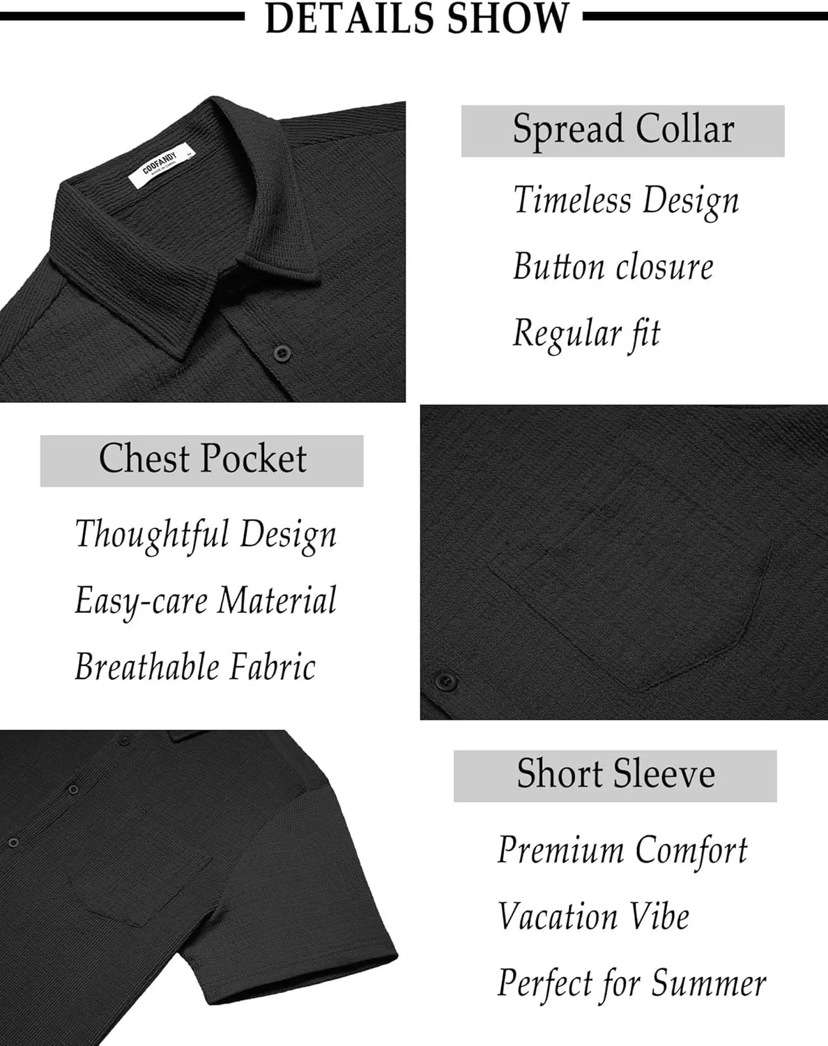 COOFANDY Mens Casual Button Down Shirt Short Sleeve Textured Shirt Summer Beach Vacation Shirts with Pocket