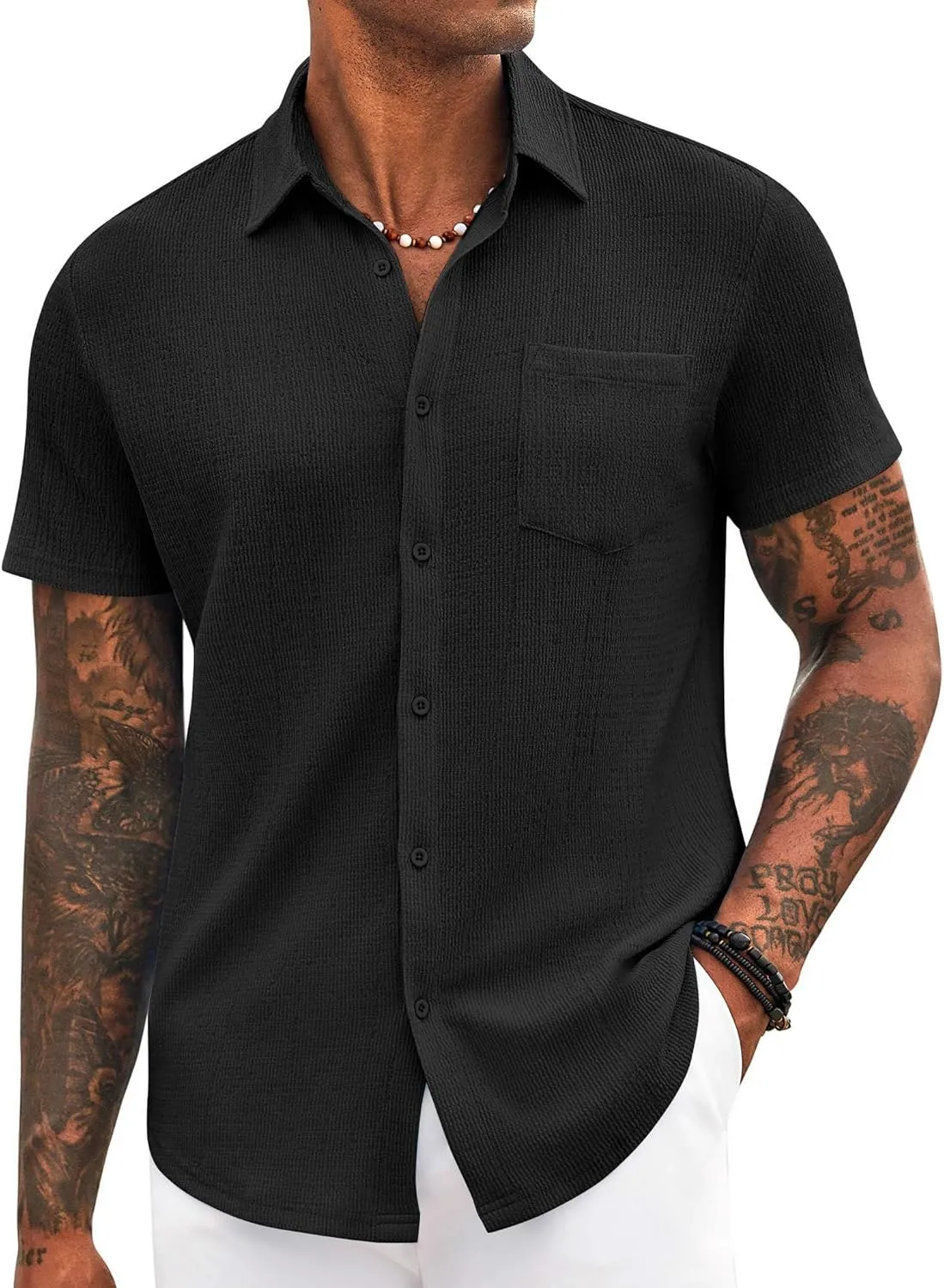 COOFANDY Mens Casual Button Down Shirt Short Sleeve Textured Shirt Summer Beach Vacation Shirts with Pocket