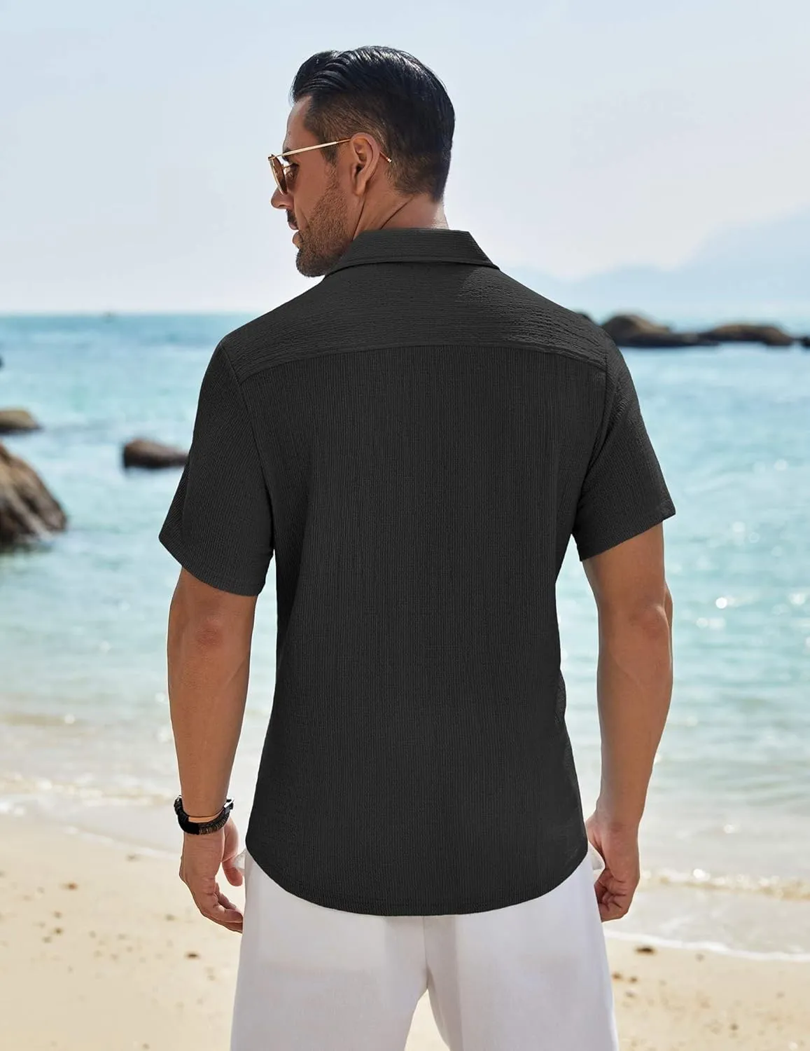 COOFANDY Mens Casual Button Down Shirt Short Sleeve Textured Shirt Summer Beach Vacation Shirts with Pocket