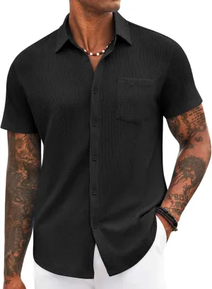 COOFANDY Mens Casual Button Down Shirt Short Sleeve Textured Shirt Summer Beach Vacation Shirts with Pocket