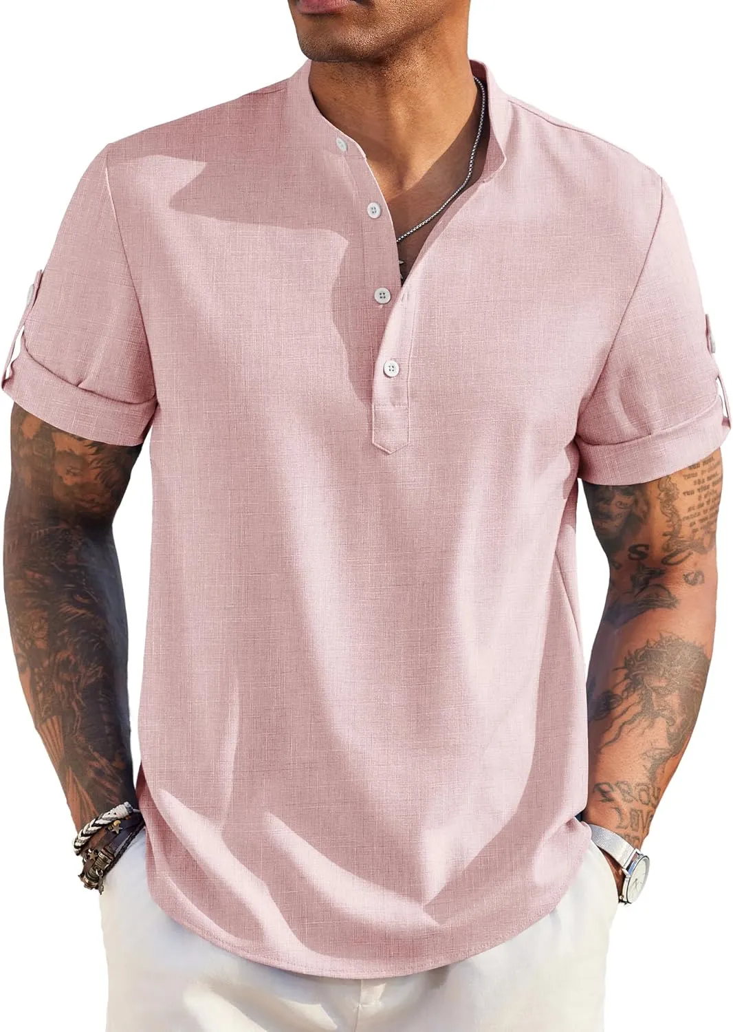 COOFANDY Men's Casual Henley Shirt Short Sleeve Band Collar Linen Shirt Summer Beach Hippie T-Shirts