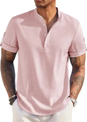 COOFANDY Men's Casual Henley Shirt Short Sleeve Band Collar Linen Shirt Summer Beach Hippie T-Shirts