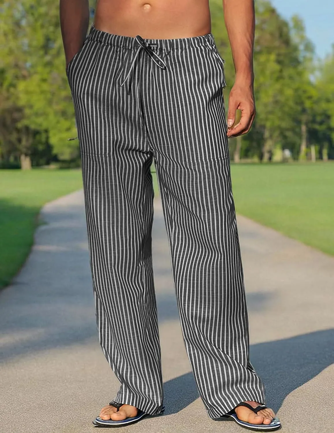 COOFANDY Mens Casual Linen Pants Elastic Waist Linen Pants Drawstring Summer Beach Yoga Linen Trouser
