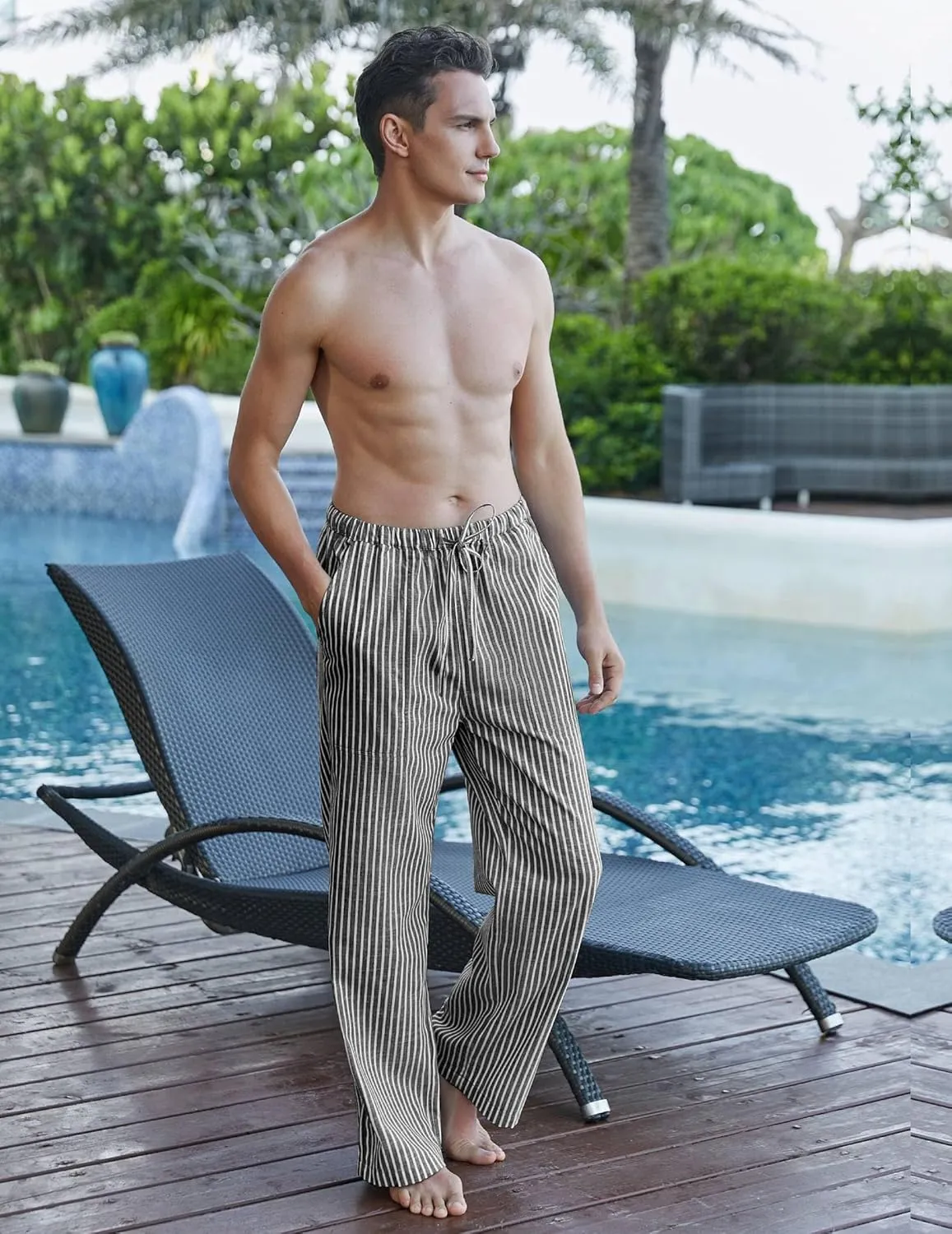COOFANDY Mens Casual Linen Pants Elastic Waist Linen Pants Drawstring Summer Beach Yoga Linen Trouser