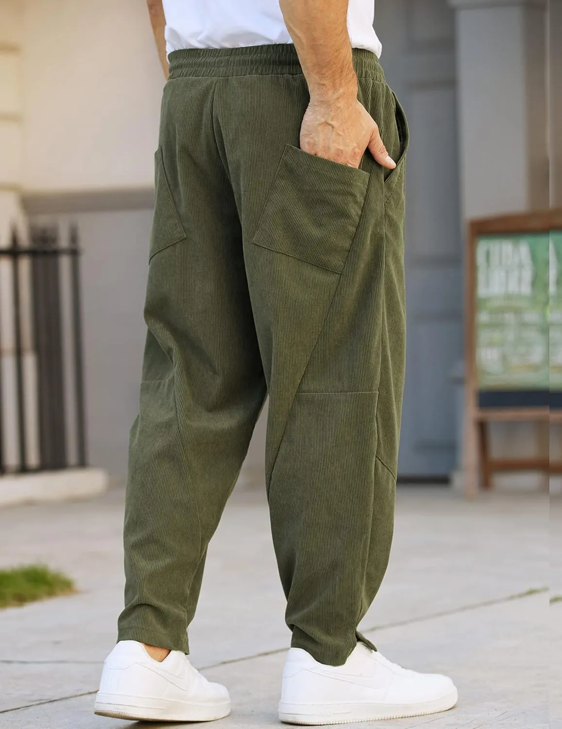 COOFANDY Men's Corduroy Pants Elastic Waist Drawstring Harem Pants Fashion Loose Casual Long Trousers with 4 Pockets