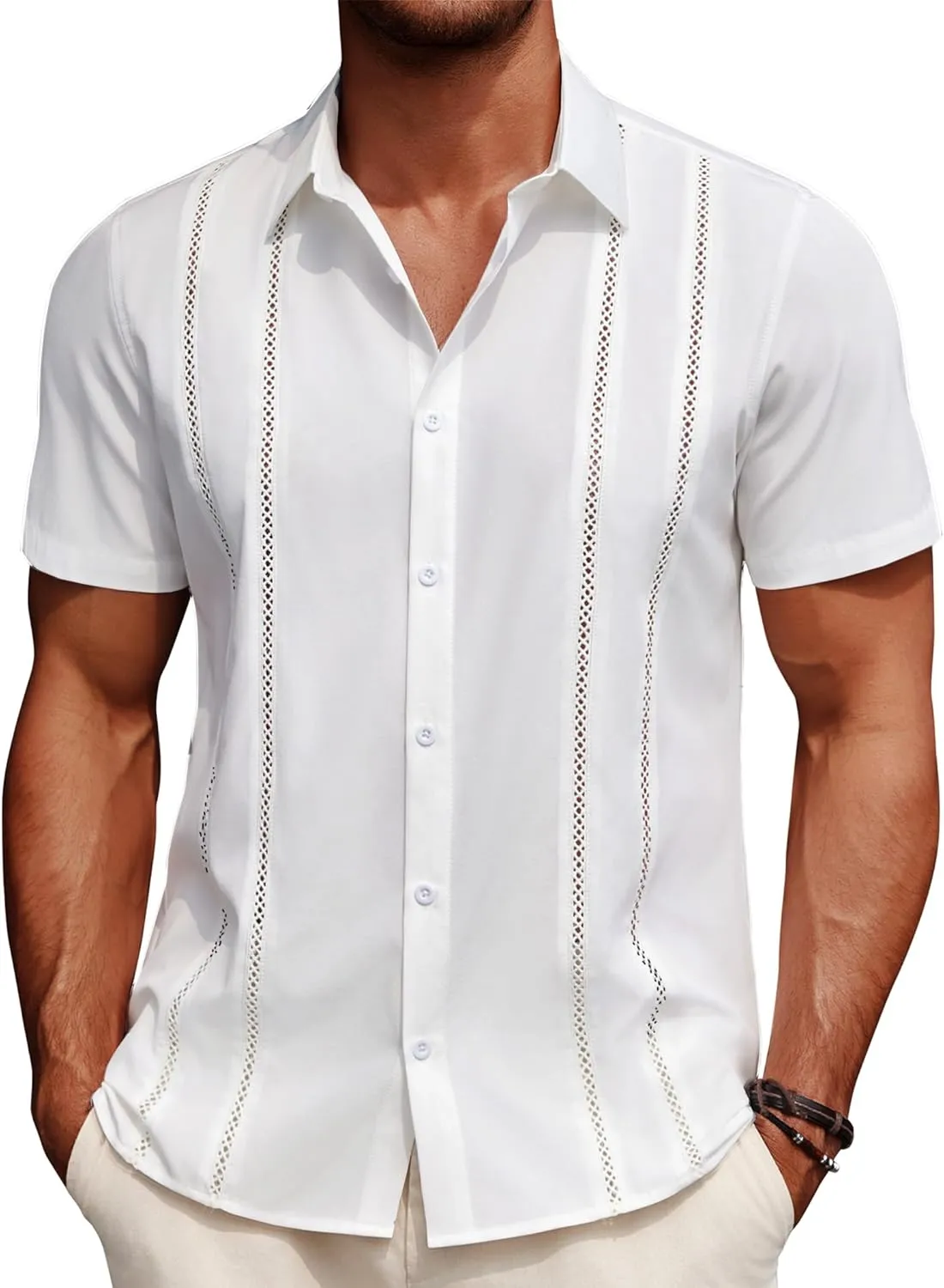 COOFANDY Men's Cuban Guayabera Shirt Summer Beach Vacation Shirt Casual Short Sleeve Button Down Resort Wear