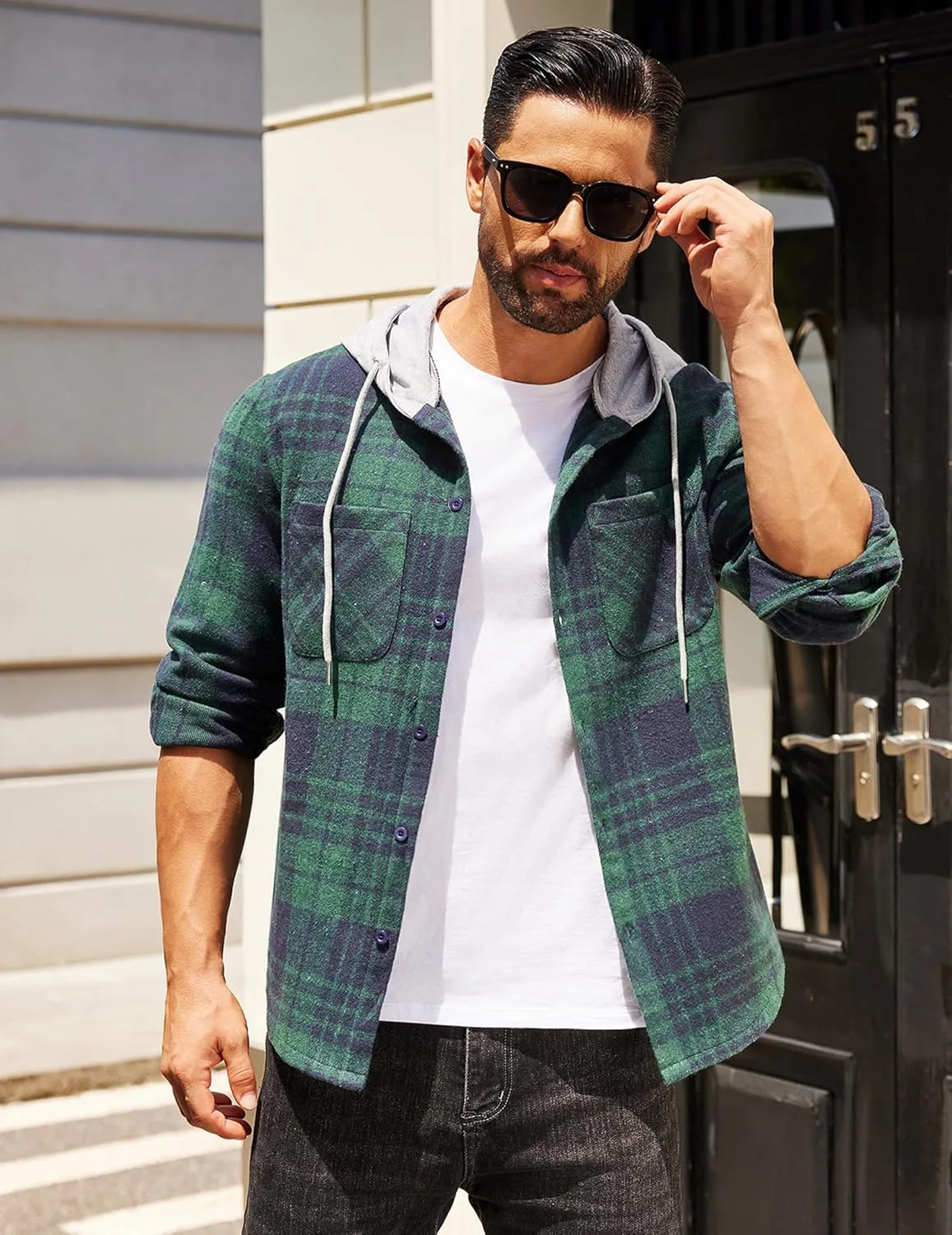 COOFANDY Men's Flannel Hoodie Plaid Shirt Long Sleeve Button Down Casual Shirt Jacket Lightweight Fall Shacket