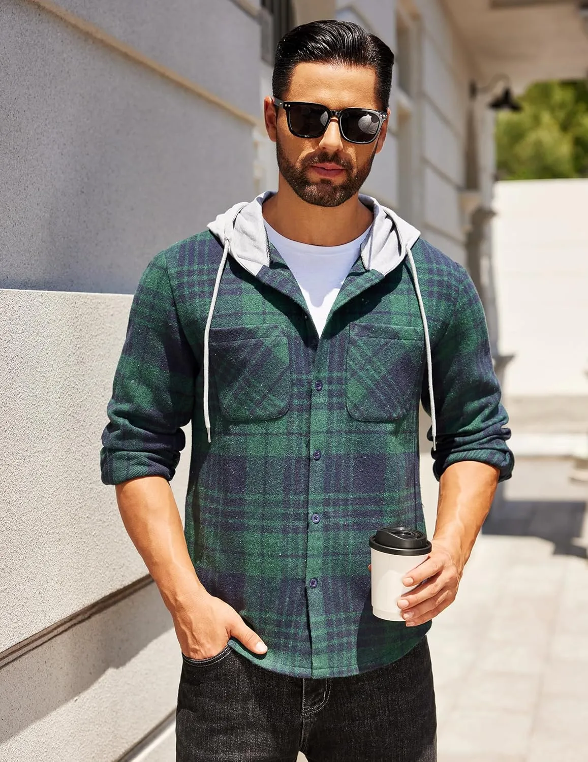 COOFANDY Men's Flannel Hoodie Plaid Shirt Long Sleeve Button Down Casual Shirt Jacket Lightweight Fall Shacket