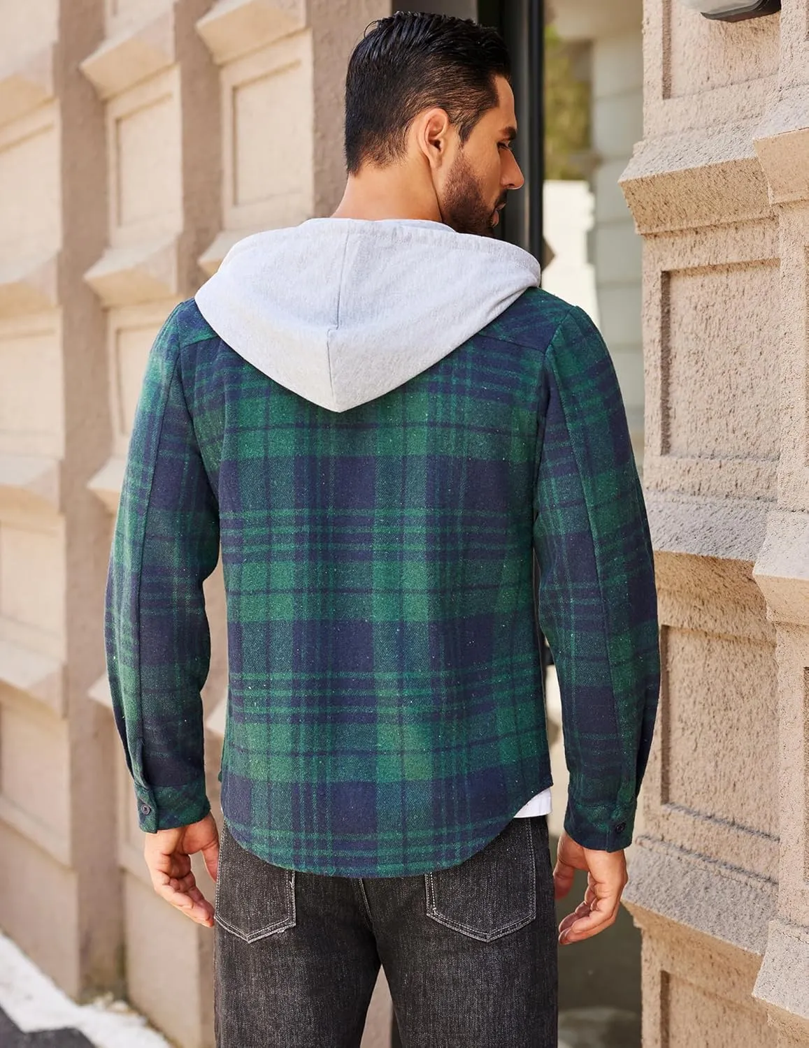 COOFANDY Men's Flannel Hoodie Plaid Shirt Long Sleeve Button Down Casual Shirt Jacket Lightweight Fall Shacket
