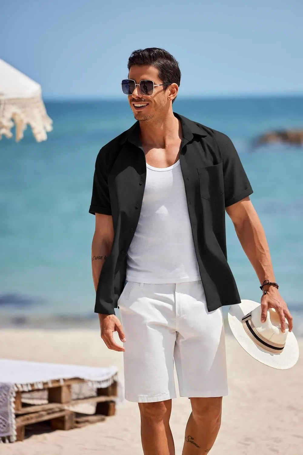 COOFANDY Men's Short Sleeve Button Down Shirt Casual Linen Shirts Summer Beach Vacation Shirt with Pocket