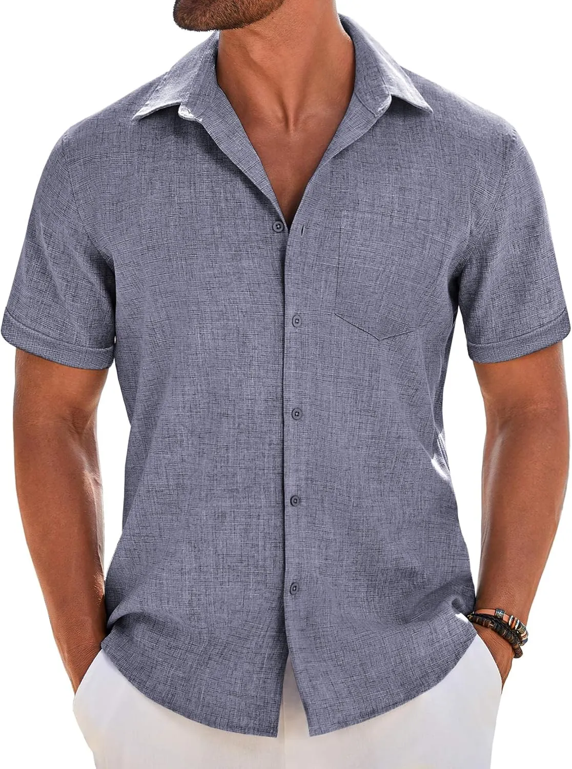 COOFANDY Men's Short Sleeve Button Down Shirt Casual Linen Shirts Summer Beach Vacation Shirt with Pocket