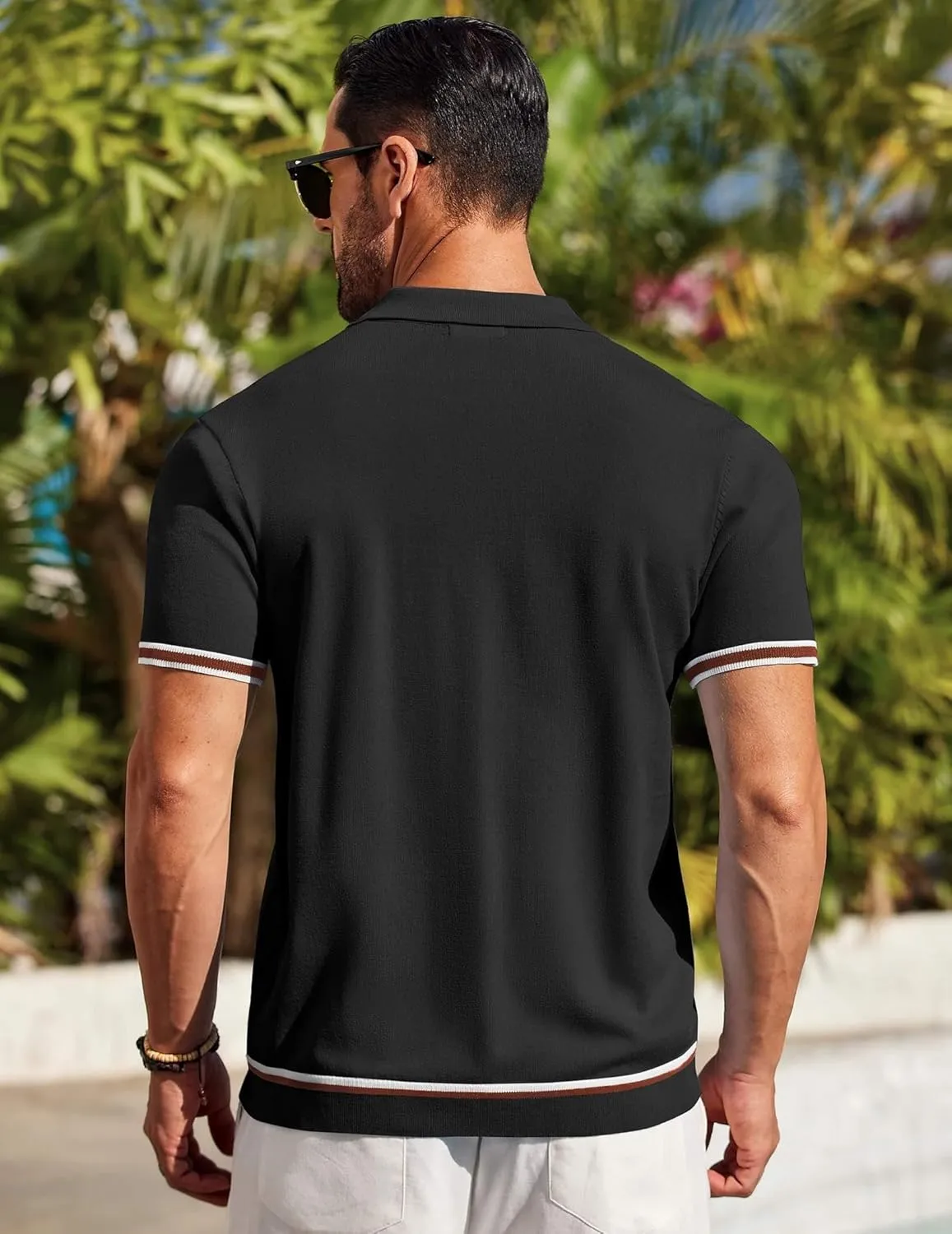 COOFANDY Men's Short Sleeve Knit Shirt Casual Button Down Shirt Vintage Striped Knitted Golf Beach Tops