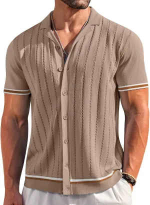 COOFANDY Men's Short Sleeve Knit Shirt Casual Button Down Shirt Vintage Striped Knitted Golf Beach Tops