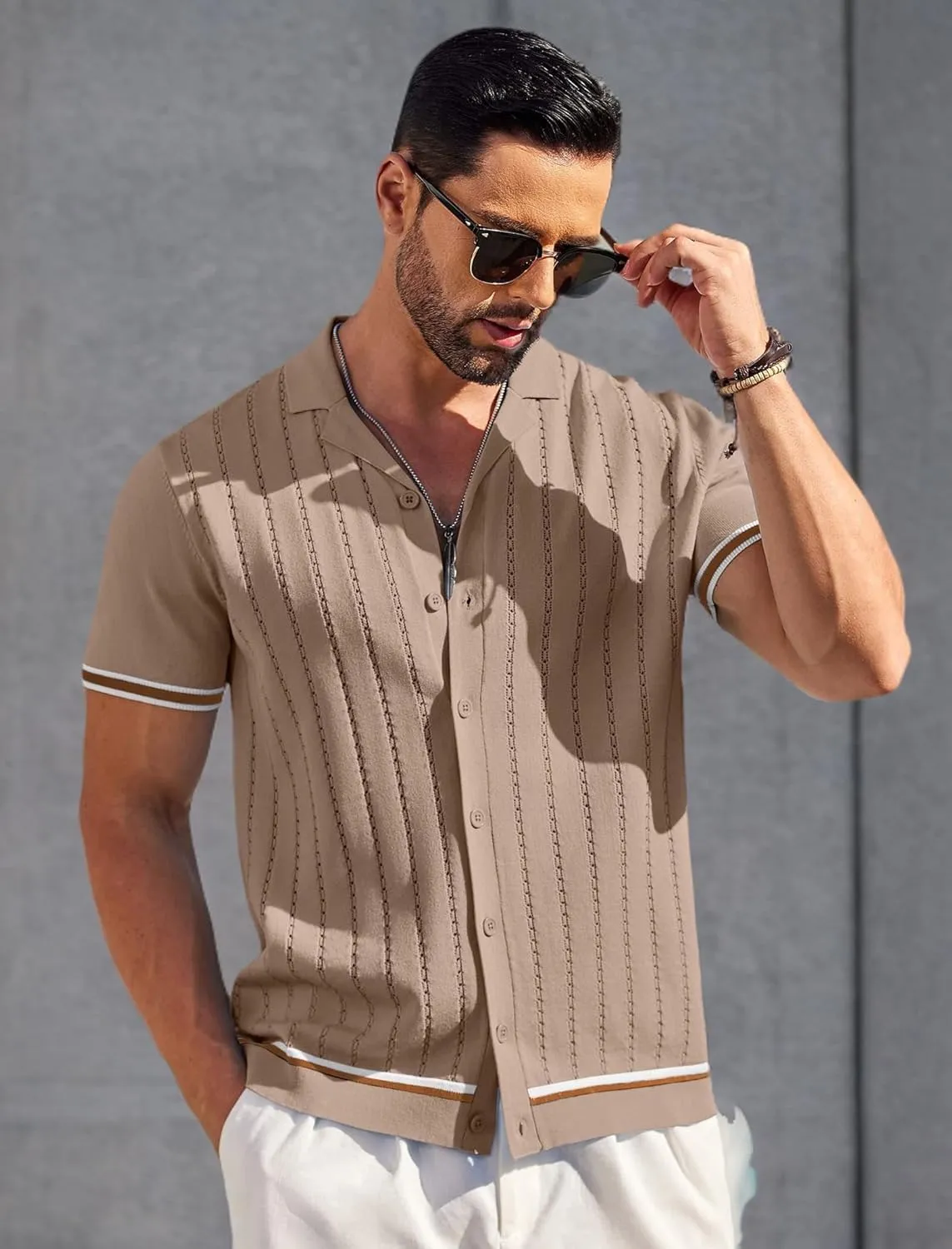 COOFANDY Men's Short Sleeve Knit Shirt Casual Button Down Shirt Vintage Striped Knitted Golf Beach Tops