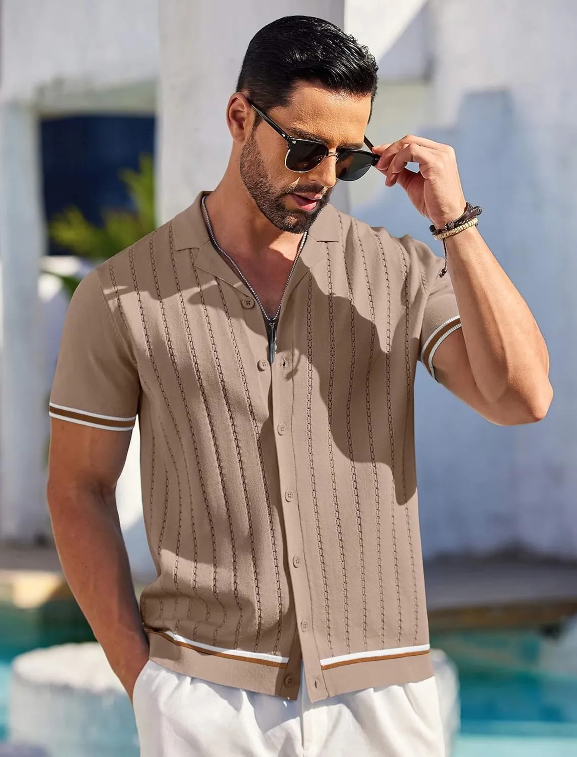 COOFANDY Men's Short Sleeve Knit Shirt Casual Button Down Shirt Vintage Striped Knitted Golf Beach Tops