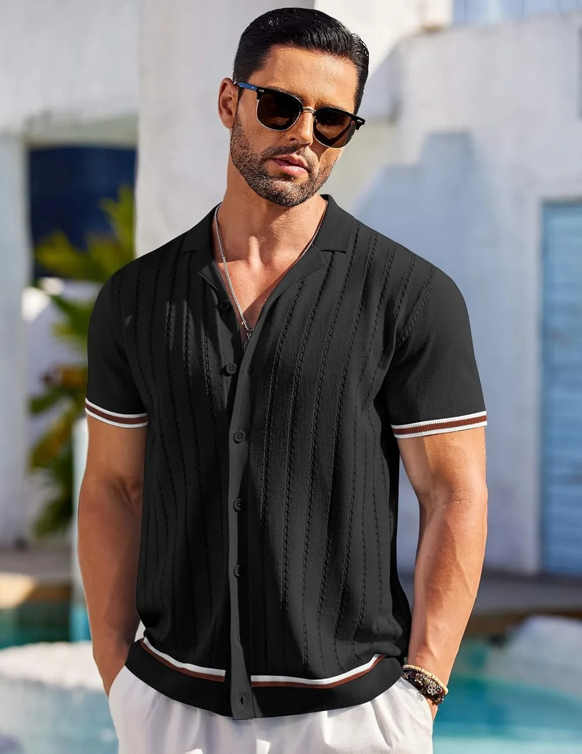 COOFANDY Men's Short Sleeve Knit Shirt Casual Button Down Shirt Vintage Striped Knitted Golf Beach Tops