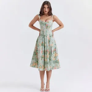 Cottagecore Floral Corset Midi Dress