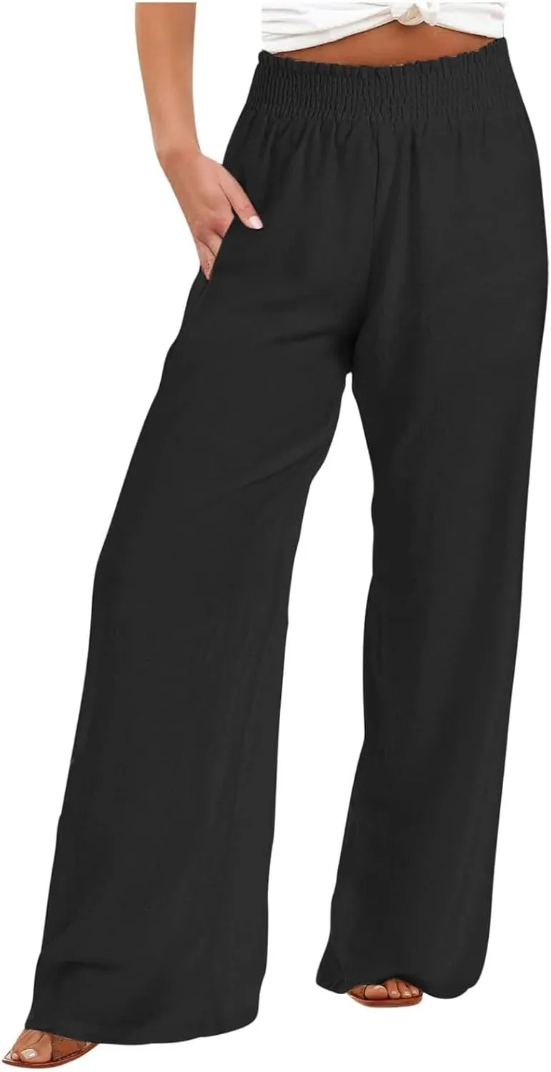 Cotton Linen Palazzo Pants for Women Baggy High Waisted Dress Pants Casual Flowy Beach Wide Leg Pants with Pockets