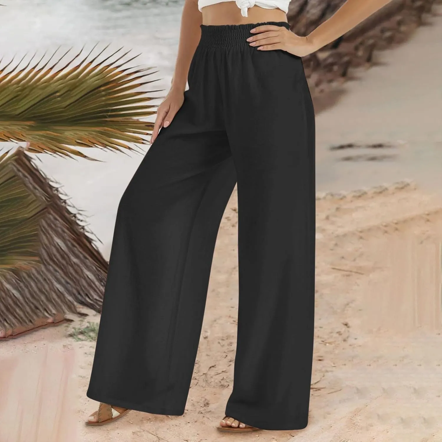 Cotton Linen Palazzo Pants for Women Baggy High Waisted Dress Pants Casual Flowy Beach Wide Leg Pants with Pockets