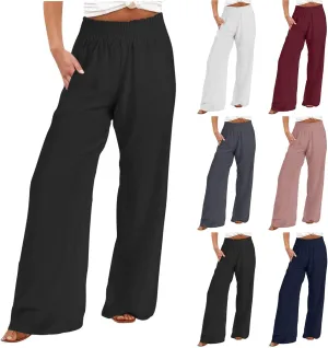 Cotton Linen Palazzo Pants for Women Baggy High Waisted Dress Pants Casual Flowy Beach Wide Leg Pants with Pockets