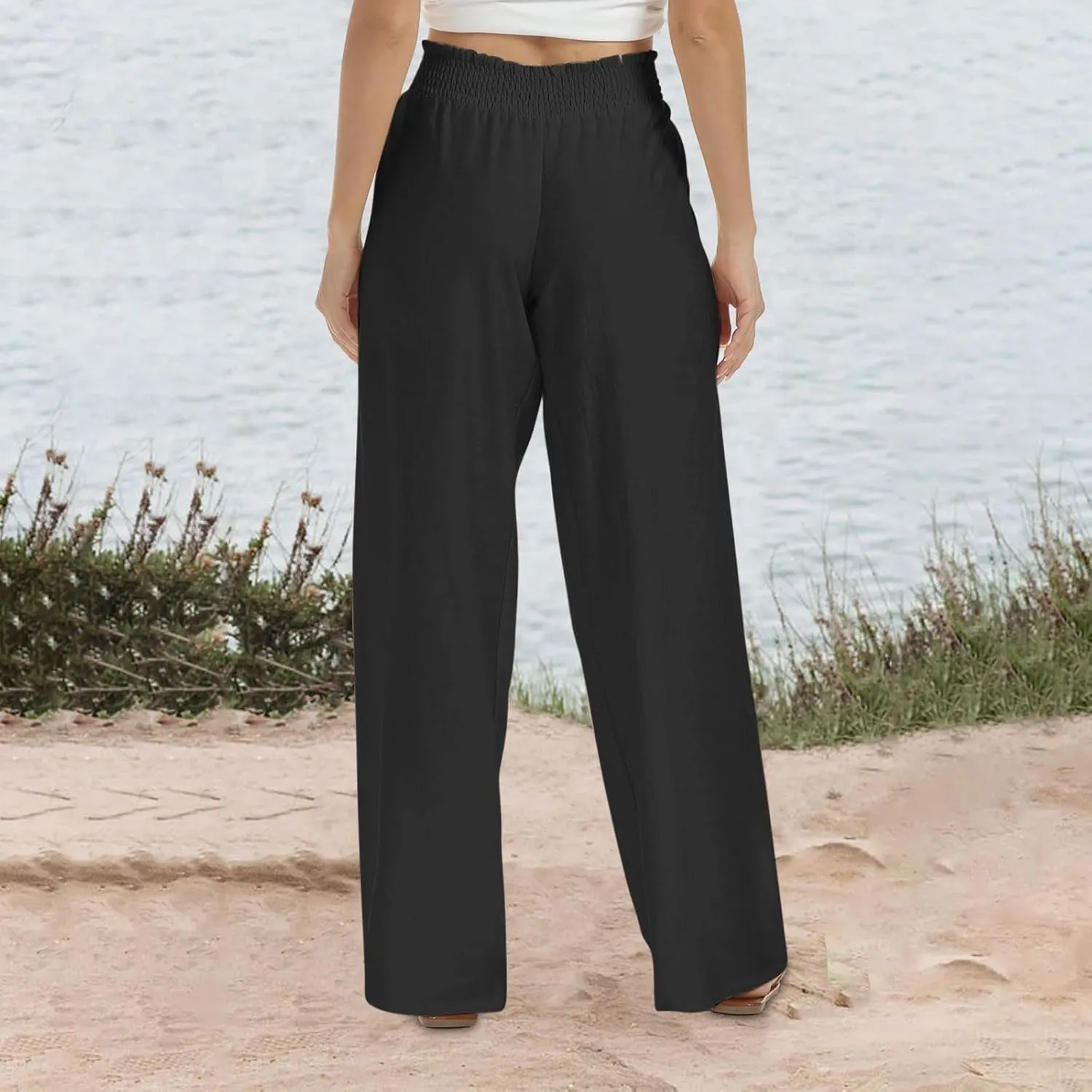 Cotton Linen Palazzo Pants for Women Baggy High Waisted Dress Pants Casual Flowy Beach Wide Leg Pants with Pockets