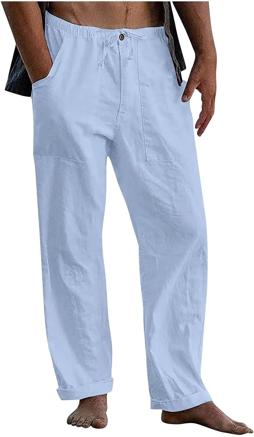 Cotton Linen Pants Men Plus Size Summer Beach Linen Pants Drawstring Elastic Waist Comfy Palazzo Pants with Pockets