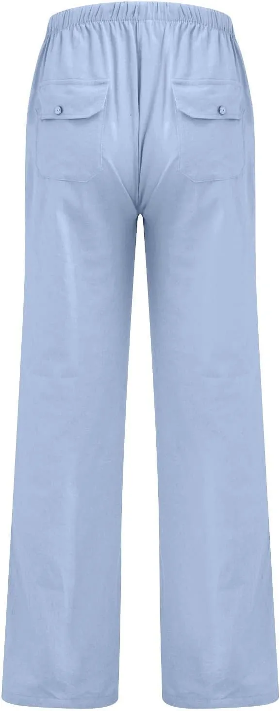 Cotton Linen Pants Men Plus Size Summer Beach Linen Pants Drawstring Elastic Waist Comfy Palazzo Pants with Pockets