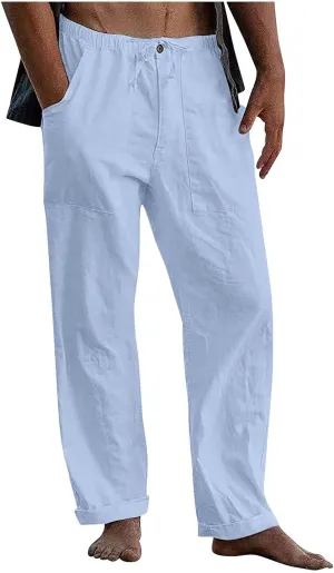 Cotton Linen Pants Men Plus Size Summer Beach Linen Pants Drawstring Elastic Waist Comfy Palazzo Pants with Pockets