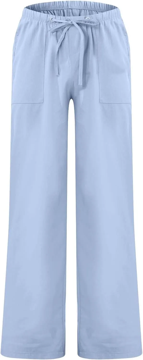 Cotton Linen Pants Men Plus Size Summer Beach Linen Pants Drawstring Elastic Waist Comfy Palazzo Pants with Pockets