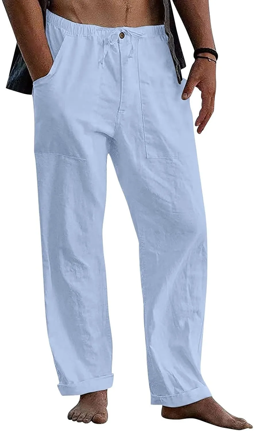 Cotton Linen Pants Men Plus Size Summer Beach Linen Pants Drawstring Elastic Waist Comfy Palazzo Pants with Pockets