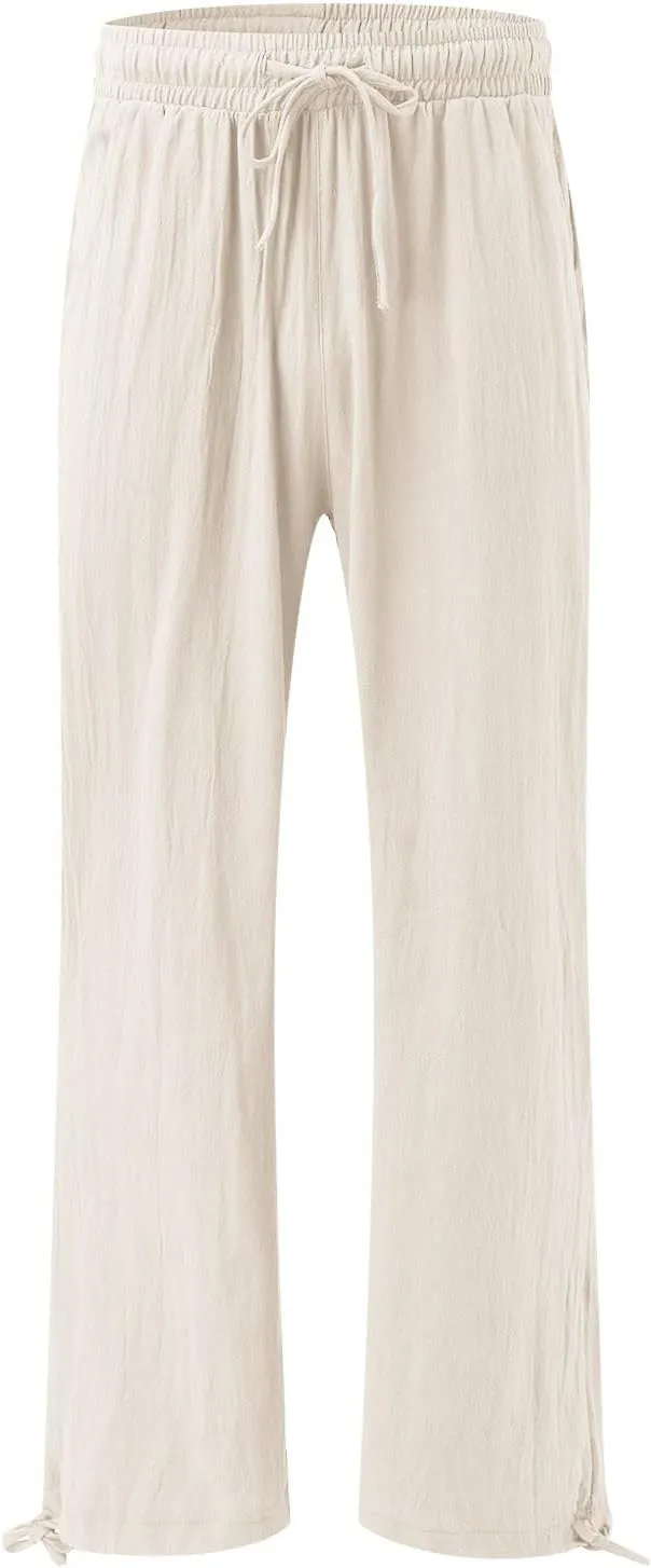 Cotton Linen Trousers Women Wide Leg Linen Pants Loose Fit Casual High Waisted Pants Summer Drawstring Beach Pants