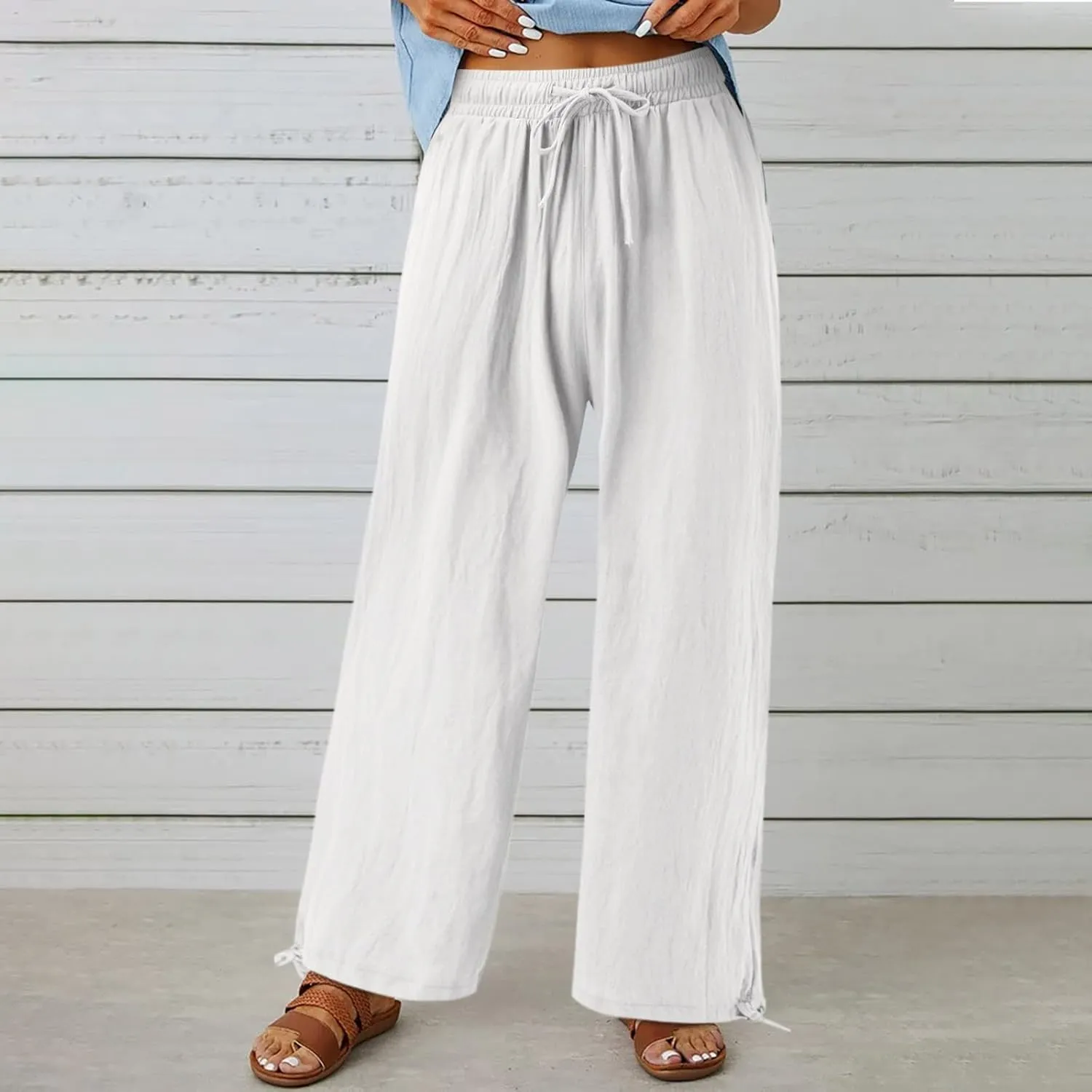 Cotton Linen Trousers Women Wide Leg Linen Pants Loose Fit Casual High Waisted Pants Summer Drawstring Beach Pants