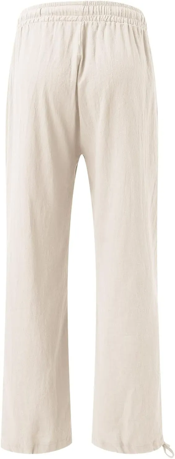 Cotton Linen Trousers Women Wide Leg Linen Pants Loose Fit Casual High Waisted Pants Summer Drawstring Beach Pants