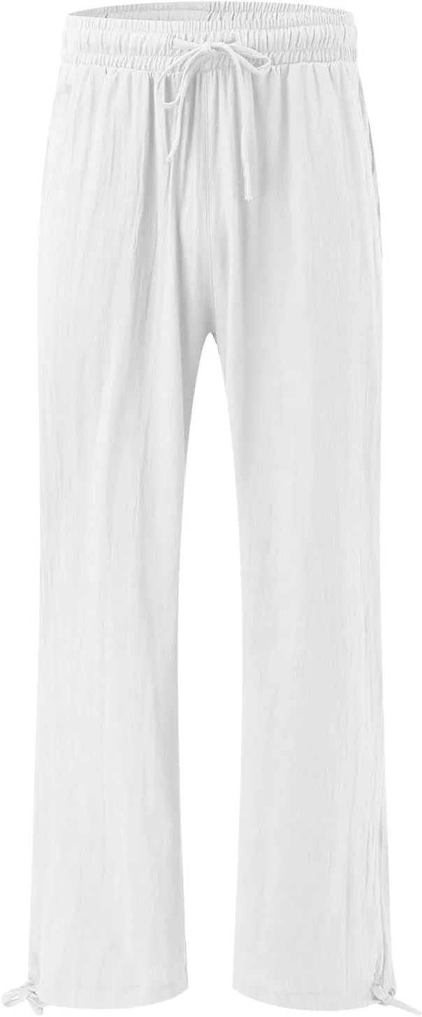 Cotton Linen Trousers Women Wide Leg Linen Pants Loose Fit Casual High Waisted Pants Summer Drawstring Beach Pants